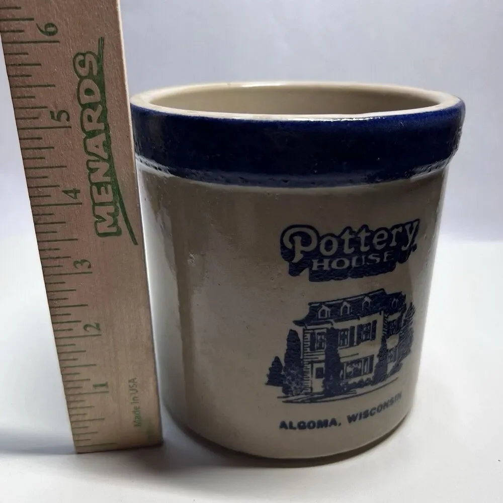 Vintage Pottery House Algoma Wisconsin Stoneware Crock Cobalt Blue Rim